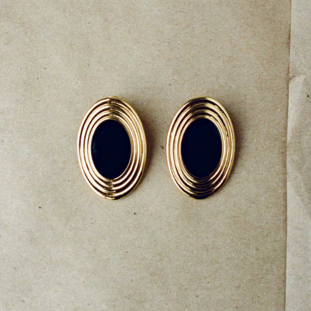 BLACK ENAMEL OVAL STATEMENT EARRINGS