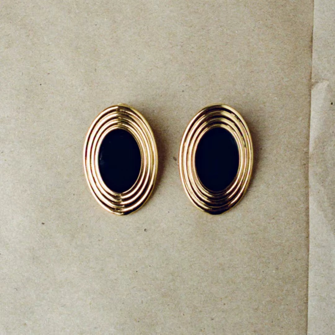 BLACK ENAMEL OVAL STATEMENT EARRINGS