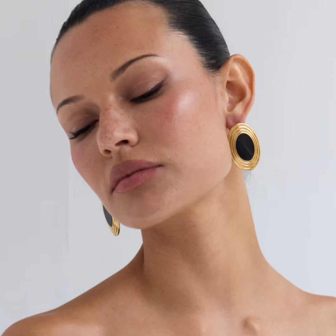 BLACK ENAMEL OVAL STATEMENT EARRINGS