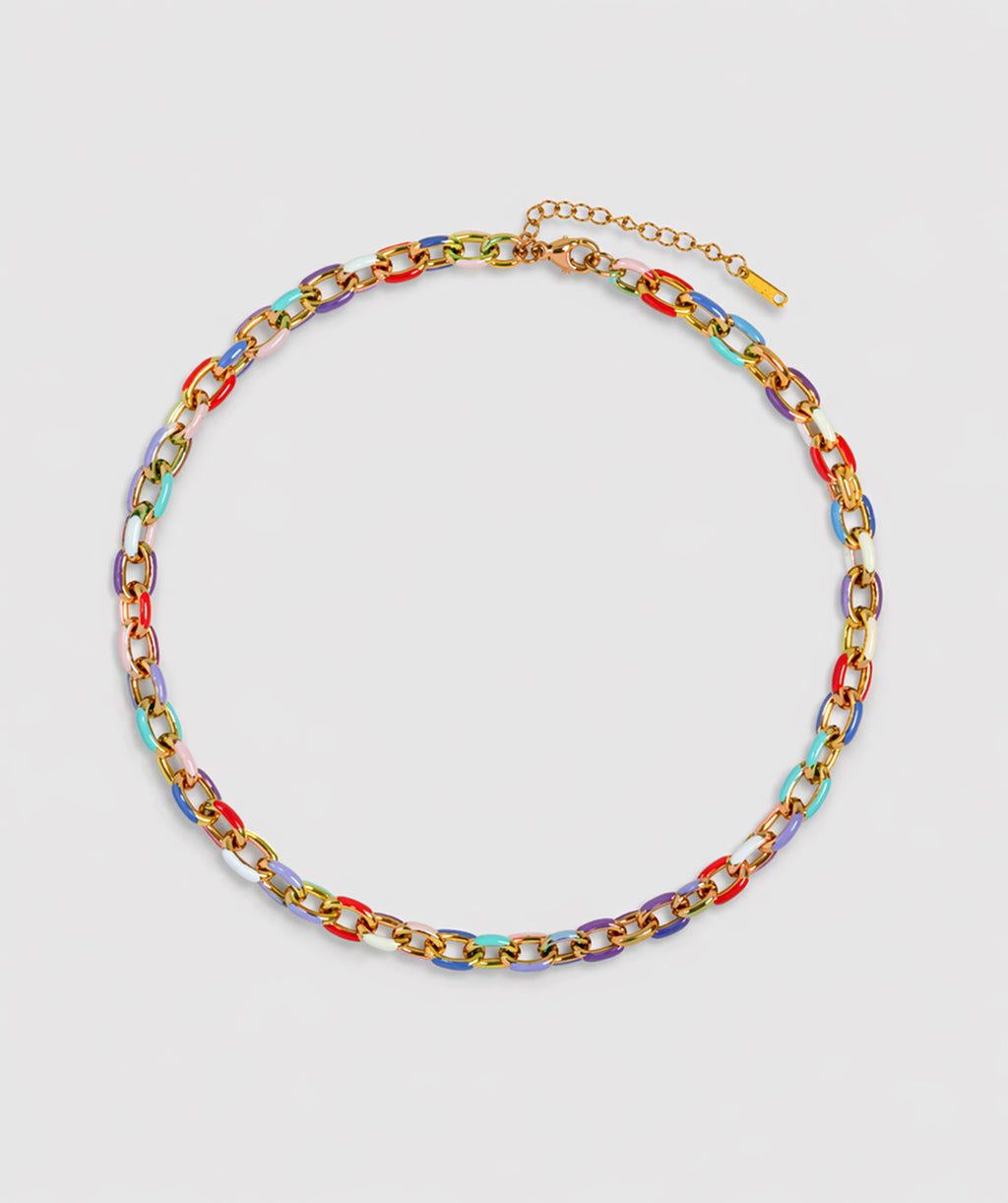 Multicolor enamel link necklace gold-plated stainless steel by Theviloa