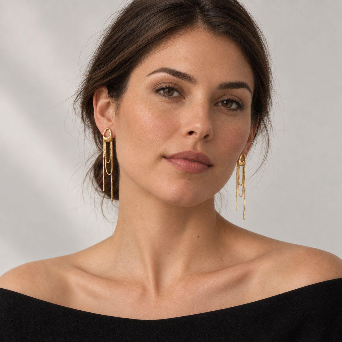 CHUTE Gold pair on model, studio portrait — AI visualization